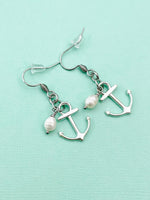 Silver Anchor White Pearl Charm Earrings, Anchor with White Pearl Earrings, N866Z