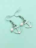 Silver Anchor White Pearl Charm Earrings, Anchor with White Pearl Earrings, N866Z