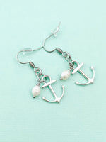 Silver Anchor White Pearl Charm Earrings, Anchor with White Pearl Earrings, N866Z