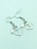 Silver Anchor White Pearl Charm Earrings, Anchor with White Pearl Earrings, N866Z