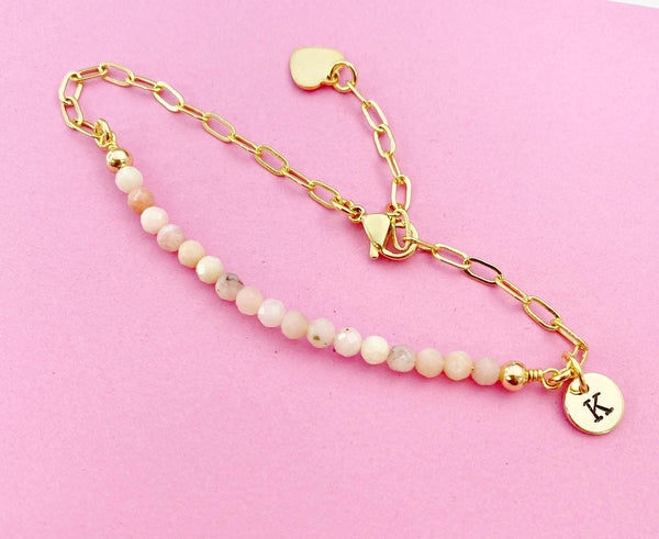 Gold Pink Opal Bracelet, Natural Gemstone Jewelry, N4013