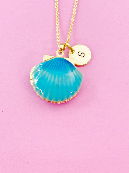 Gold Light Blue Shell Locket Charm Necklace, Mermaid Girl Gifts, N5277E