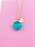Gold Light Blue Shell Locket Charm Necklace, Mermaid Girl Gifts, N5277E