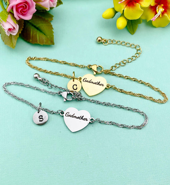 Silver or Gold Godmother Bracelet, Heart, Godmother Jewelry, Tarnish Resistant, D260A