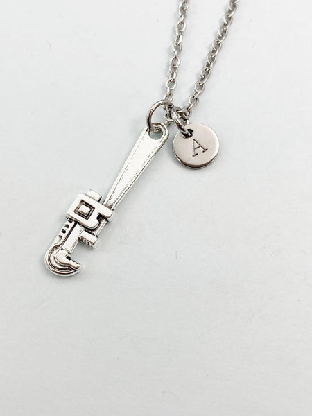Silver Wrench Charm Necklace, Heavy Duty Pipe Wrench Tools, N5835