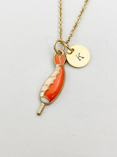 Gold Shrimp on Stick Charm Necklace, Seafood Foodie Jewelry Gifts, N5849