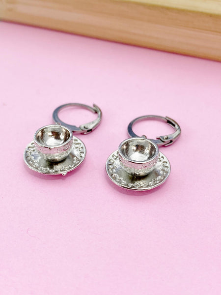 Silver Teacup and Saucer Charm Earrings, Tea Party Gift, N811A