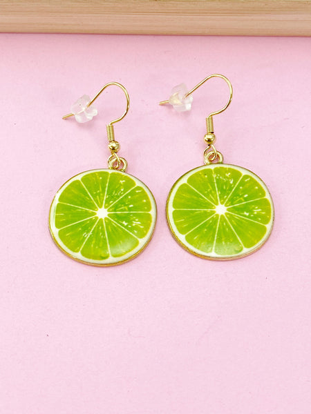 Gold Green Lime Charm Earrings, Beautiful Lemon Slice Earrings, Fruit Jewelry, N2707A