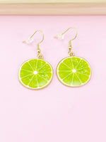 Gold Green Lime Charm Earrings, Beautiful Lemon Slice Earrings, Fruit Jewelry, N2707A