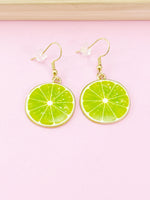 Gold Green Lime Charm Earrings, Beautiful Lemon Slice Earrings, Fruit Jewelry, N2707A