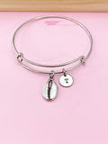 Cowrie Shell Bracelet, Initial Charm, Stainless Steel Bangle