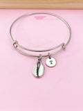 Cowrie Shell Bracelet, Initial Charm, Stainless Steel Bangle