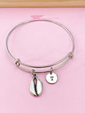 Cowrie Shell Bracelet, Initial Charm, Stainless Steel Bangle
