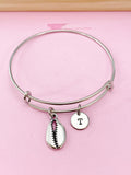 Cowrie Shell Bracelet, Initial Charm, Stainless Steel Bangle