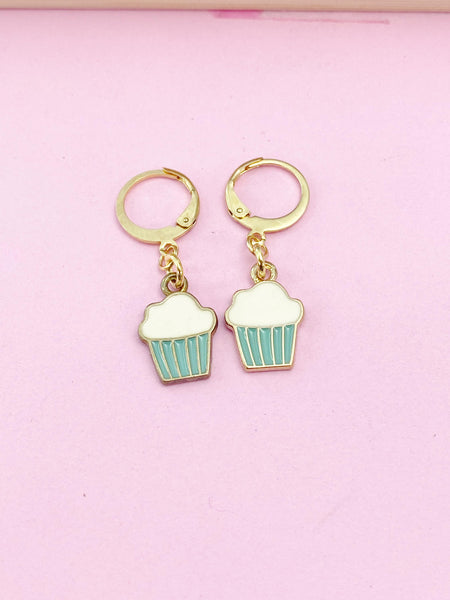 Gold Cute Cupcake Earrings, Blue Pale Turquoise Cupcake Foodie Gidt, N3219