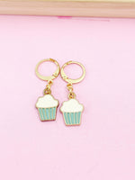 Gold Cute Cupcake Earrings, Blue Pale Turquoise Cupcake Foodie Gidt, N3219