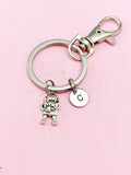 Silver Robot Keychain, Initial Charm, Personalized Keychain