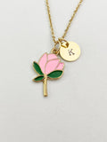 Gold Peach Blossom Charm Necklace, Pink Flower Jewelry Gift, N5857