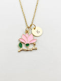 Gold Peach Blossom Flower Charm Necklace, Pink Flower Jewelry Gift, N5858