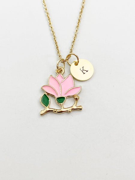 Gold Peach Blossom Flower Charm Necklace, Pink Flower Jewelry Gift, N5858
