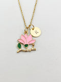 Gold Peach Blossom Flower Charm Necklace, Pink Flower Jewelry Gift, N5858