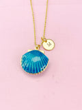 Gold Blue Shell Locket Charm Necklace, Mermaid Girl Gifts, Personalized Customized Gifts, N5277B