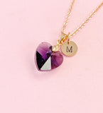 Purple Crystal Heart Necklace, Rose Gold Initial Charm