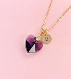 Purple Crystal Heart Necklace, Rose Gold Initial Charm