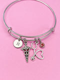 Silver Caduceus Stethoscope Charm Bracelet, Doctor Nurse Bracelet, Med School, Graduation Gift, Personalized Gift, N4580