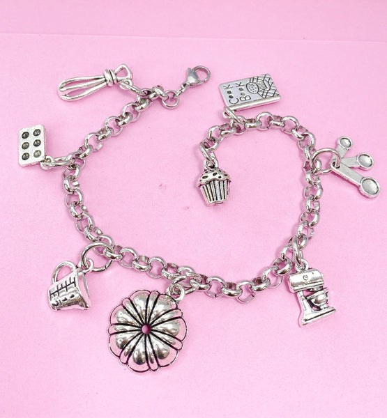 Silver Kitchen Mixer Bake Pan Measuring Cup Cookbook Cupcake Bundt Pan Cake Charm Bracelet, N4951