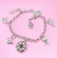 Silver Kitchen Mixer Bake Pan Measuring Cup Cookbook Cupcake Bundt Pan Cake Charm Bracelet, N4951
