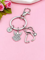 Silver Guardian Angels Stethoscope Charm Keychain, Doctor Nurse Personalized Gift, N4734