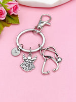 Silver Guardian Angels Stethoscope Charm Keychain, Doctor Nurse Personalized Gift, N4734