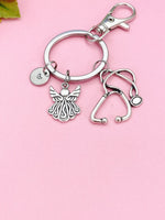 Silver Guardian Angels Stethoscope Charm Keychain, Doctor Nurse Personalized Gift, N4734