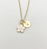 Gold Sakura Flower Charm Necklace, White Cherry Blossom, N5913