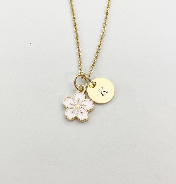 Gold Sakura Flower Charm Necklace, White Cherry Blossom, N5913