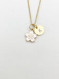 Gold Sakura Flower Charm Necklace, White Cherry Blossom, N5913