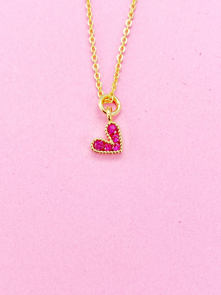 Gold Tiny Heart Charm Necklace, Pink Cubic Zirconia Heart Charm, Valentine Gifts, N2347