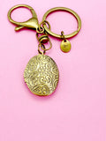 Bronze Flower Locket Keychain, Keepsake Photo Frame, Personalized Initial Keychain, N4918