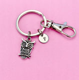 Silver Owl Keychain, Initial Charm, Personalized Keyring