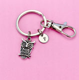 Silver Owl Keychain, Initial Charm, Personalized Keyring