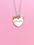 Silver Godmother Heart Charm Necklace, Stainless Steel Godmother Jewelry, D108