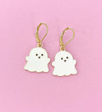 White Ghost Earrings, Gold Stainless Steel, Halloween Jewelry