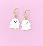 White Ghost Earrings, Gold Stainless Steel, Halloween Jewelry