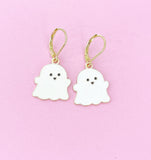 White Ghost Earrings, Gold Stainless Steel, Halloween Jewelry