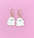 White Ghost Earrings, Gold Stainless Steel, Halloween Jewelry