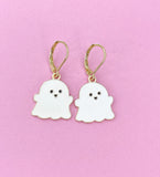 White Ghost Earrings, Gold Stainless Steel, Halloween Jewelry