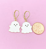 White Ghost Earrings, Gold Stainless Steel, Halloween Jewelry