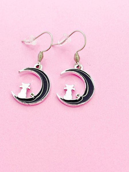 Silver Black Cat on the Moon Charm Earrings Gift, N3006