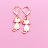 Rose Gold White Enamel Cat Dangle Earrings